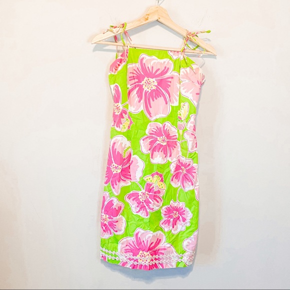 Lilly Pulitzer Vintage Green and Pink Hibiscus Tie Strap Dress Size 4 girls - Picture 1 of 8